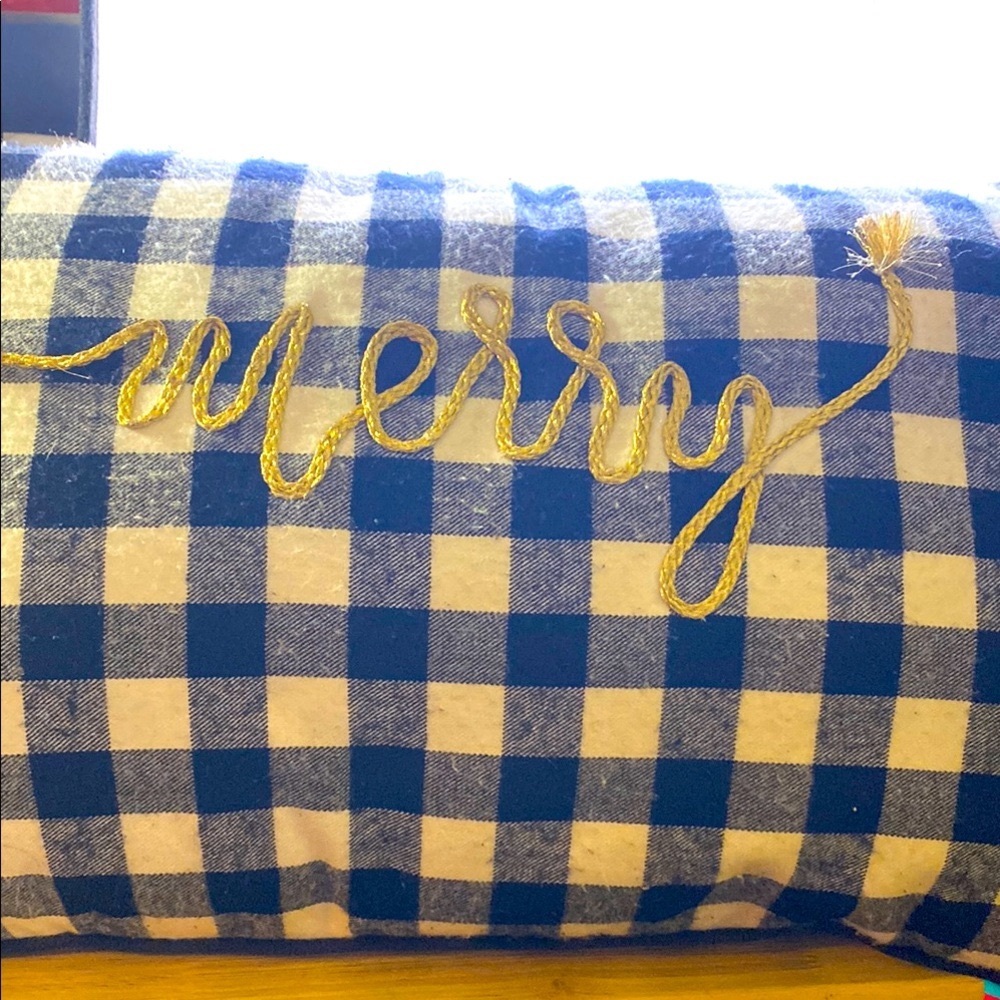 Merry Lumbar Black And White Buffalo Plaid Check Holiday Pillow Gold Embroidery